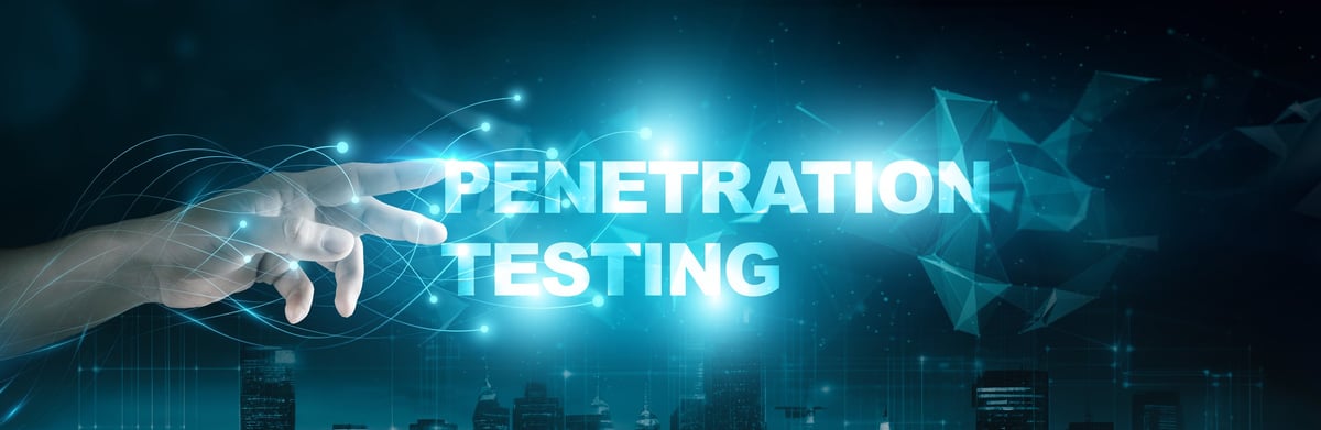 Penetration testing expert interacting with the 'Penetration testing' word on a global network connection interface, examining vulnerabilities, virtual screen with a backdrop of a dark city.